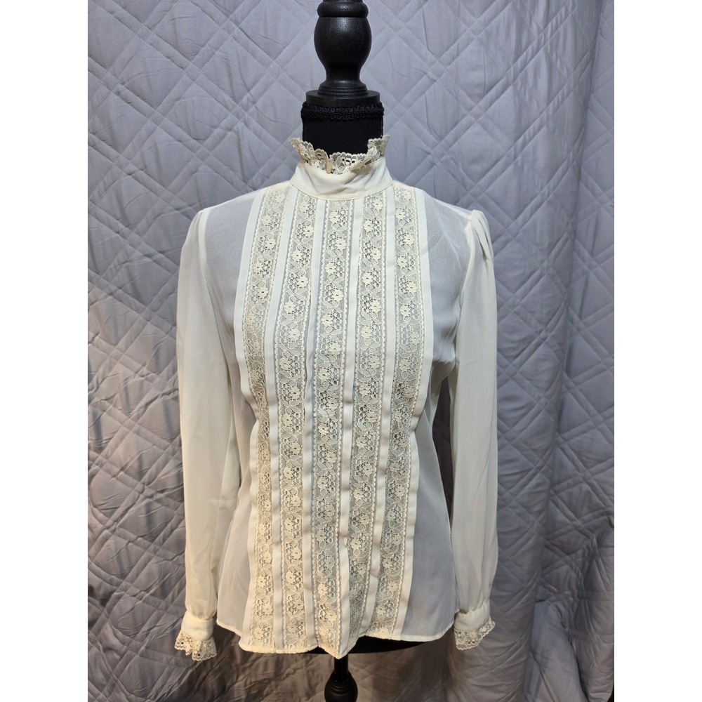 Lloyd Williams Vintage Victorian Lace Blouse Cream High Neck Button Back Top